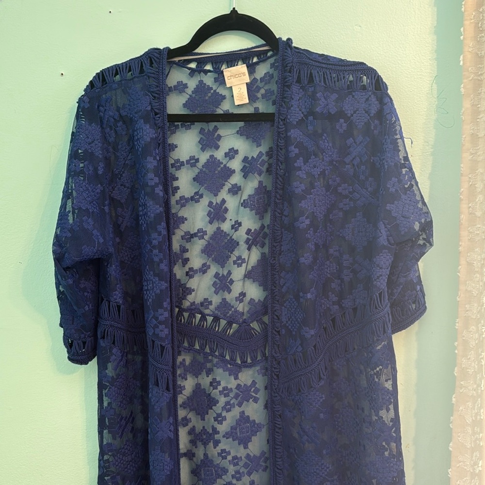 Chico’s Royal Blue Embroidered Fringe Cardigan Sz 2
